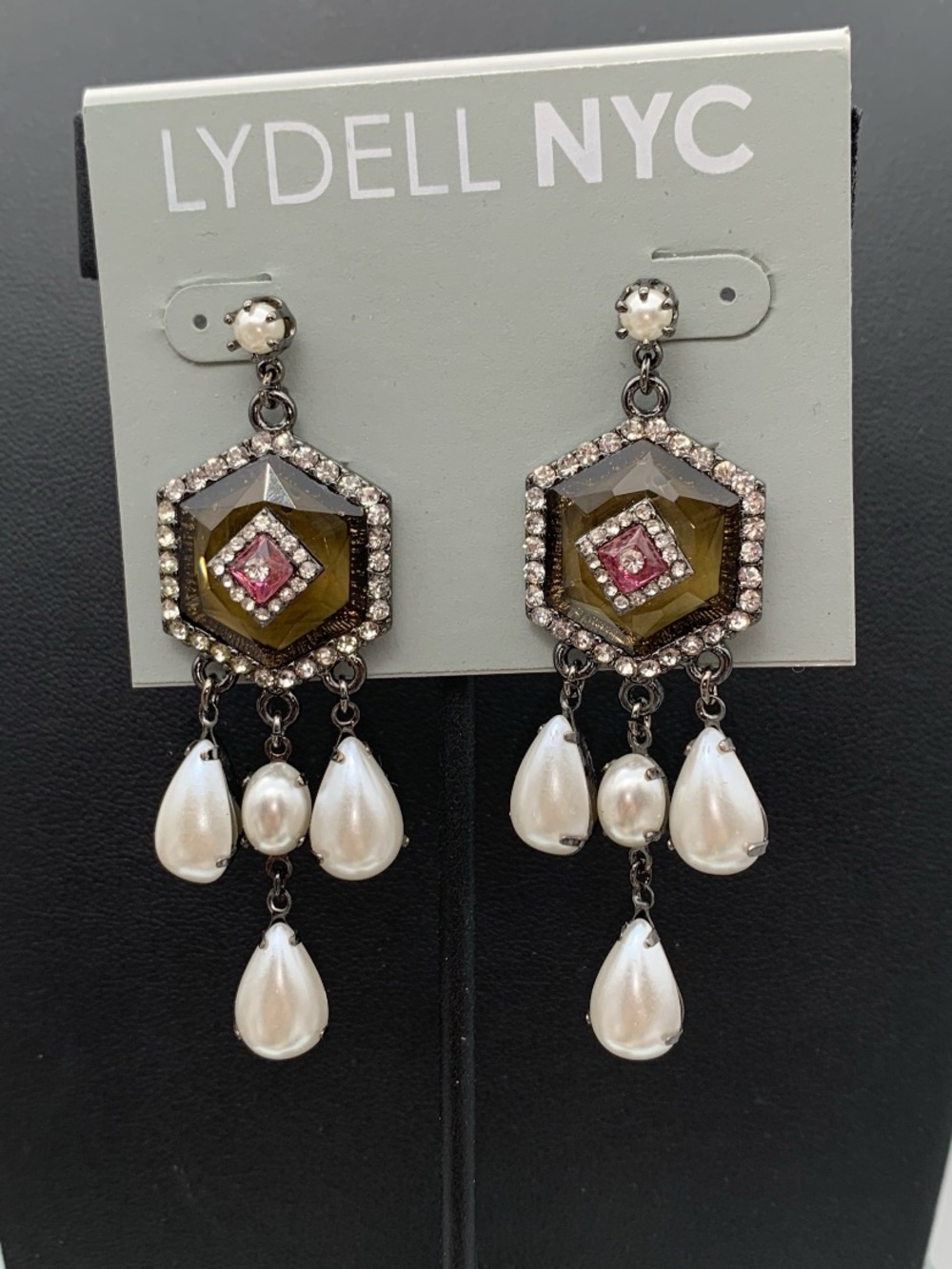 NWT LYDELL NYC Olive and Pink Hexagon faux Pearl Drop Earrings